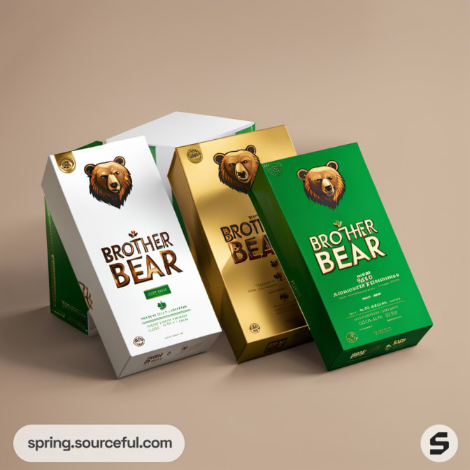 White, gold, and green angled boxes with bear illustrations