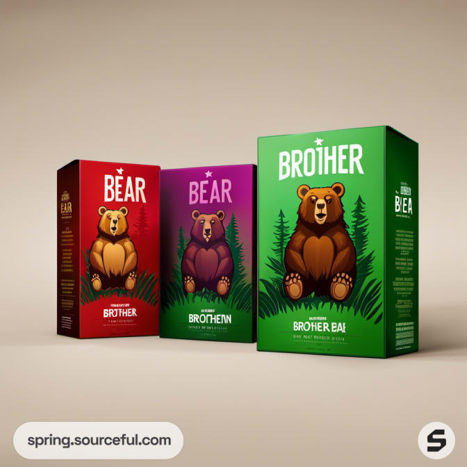 Red, purple, green boxes with bear illustrations on beige background