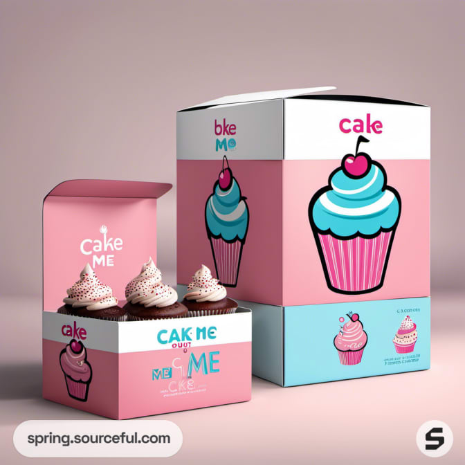 Cupcake packaging with pink and blue design, featuring a large cake illustration on mailer boxes.