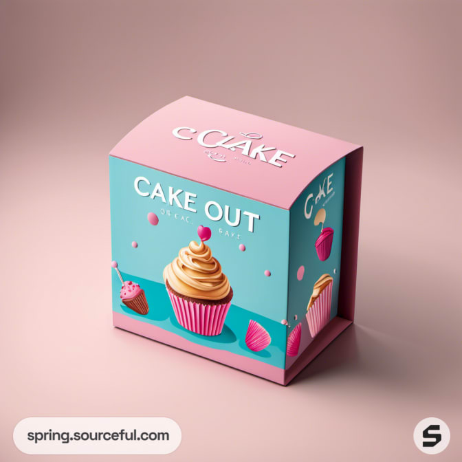 Single cupcake box with pink and blue design, labeled 'Cake Out' with cupcake graphic.