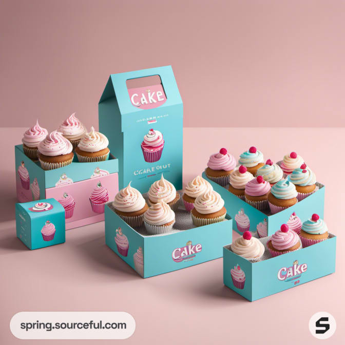 Assorted cupcake boxes in pink and blue hues, featuring multiple cupcakes in carrier packaging.