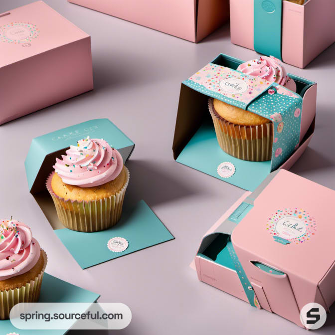 Opened cupcake boxes showing single cupcakes with pink frosting, designed with teal and pink colors.