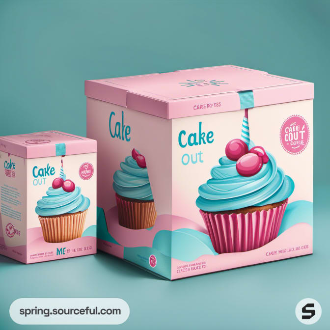 Small and large cupcake boxes with pink and blue design, featuring cherries on frosting.