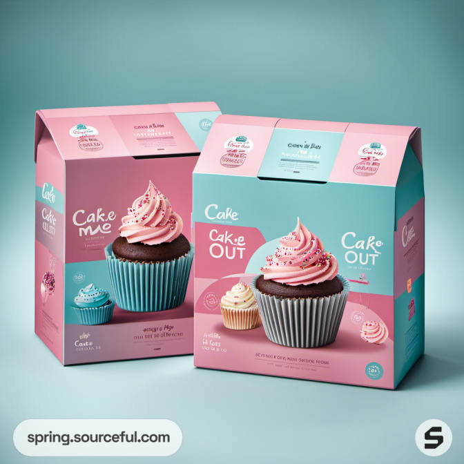 Pink and blue cupcake boxes labeled 'Cake Me' and 'Cake Out' with cupcake illustrations.