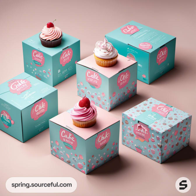 Blue and pink individual cupcake boxes with decorative patterns and cupcakes topped with berries.