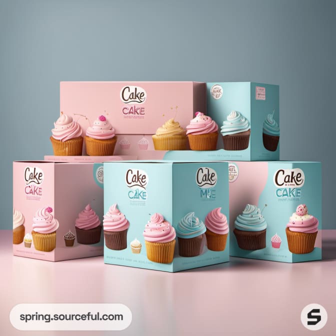 Assorted pastel cupcake boxes with pink and blue designs, showcasing various cupcakes.