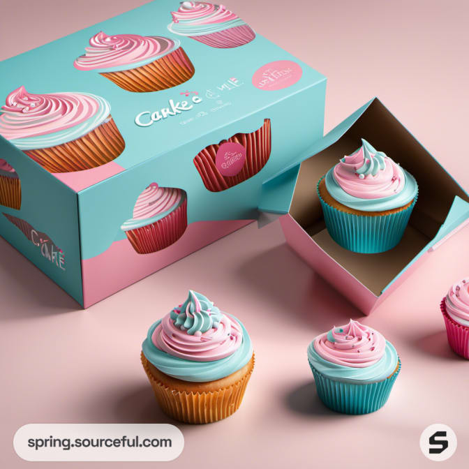 Cupcakes with pink and blue frosting next to a windowed box featuring matching colors.