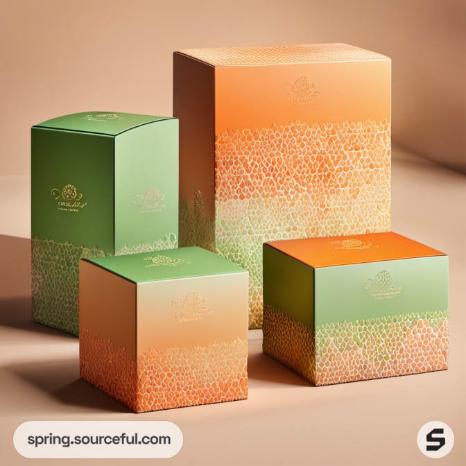 Textured green and orange mailer boxes arranged on a brown surface.