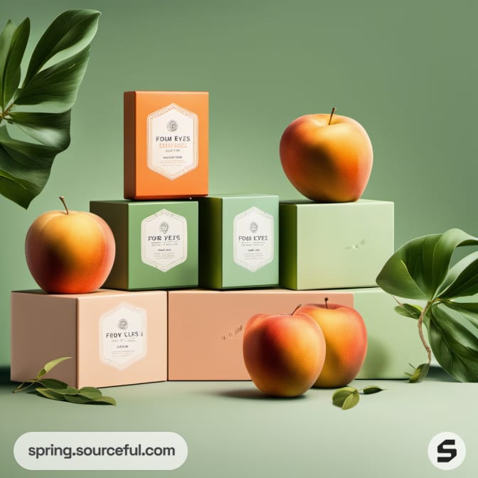 Green and orange packaging boxes stacked with apples and large leaves.