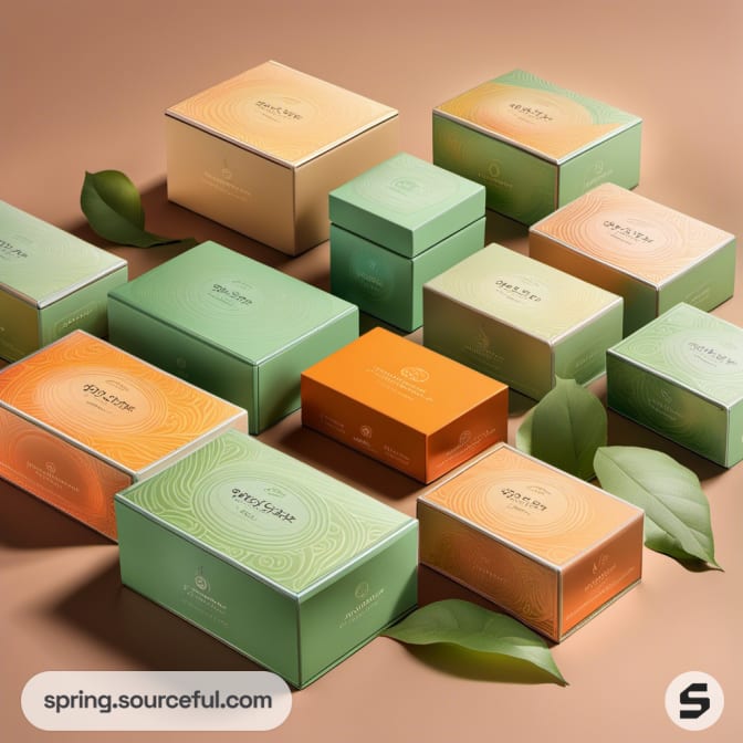 Assorted green and orange boxes with subtle patterns and leaves on a brown surface.