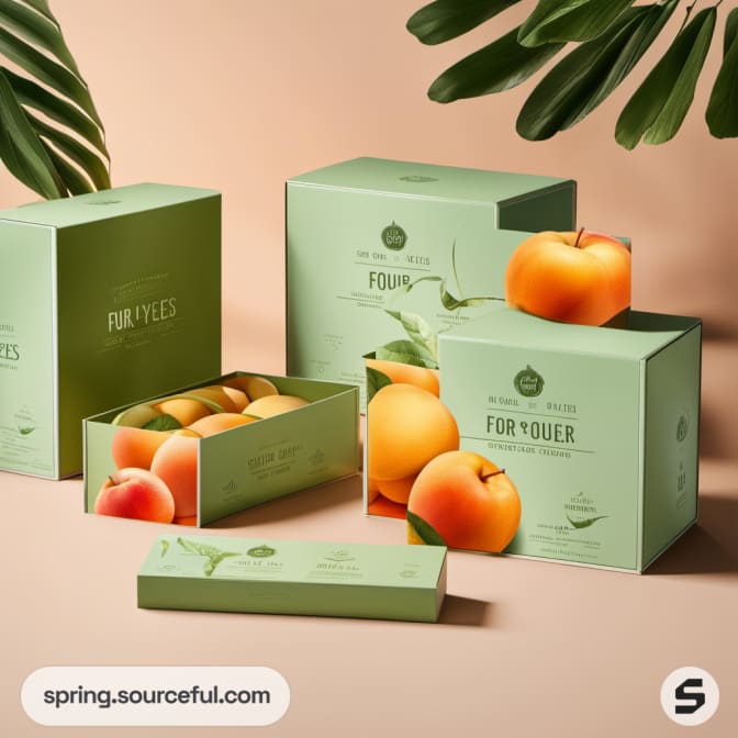 Green and orange packaging with fruit images on a beige backdrop, surrounded by leaves.