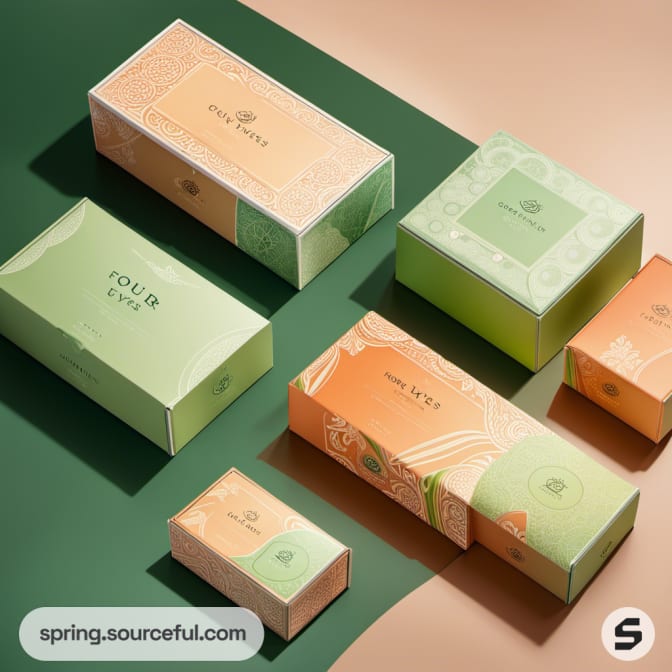 Green and peach patterned boxes arranged creatively on a split background.