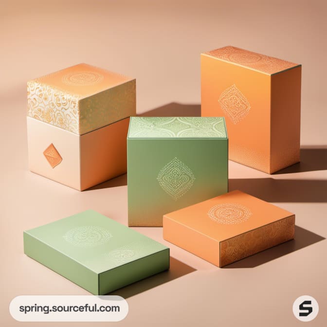 Assorted green and orange gradient boxes with embossed patterns on a brown surface.