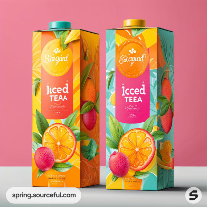 Two iced tea cartons with fruit illustrations on pink background.