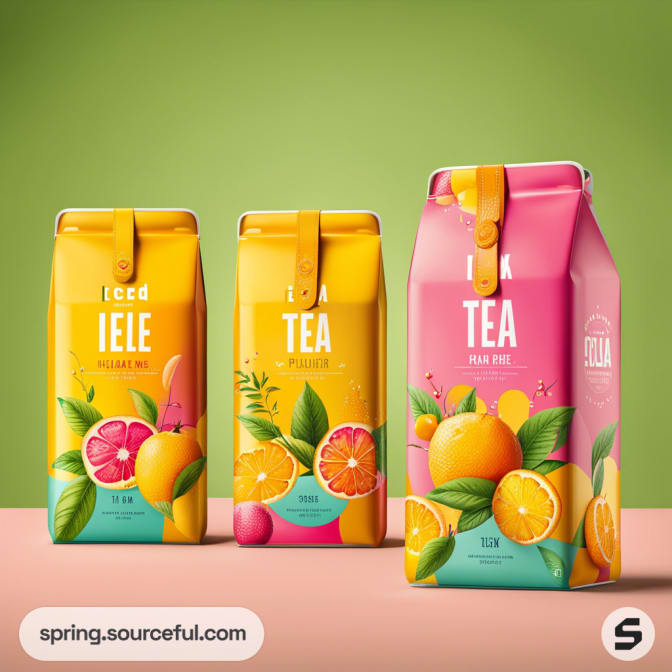 Three iced tea pouches in yellow, pink, and green with fruity designs.