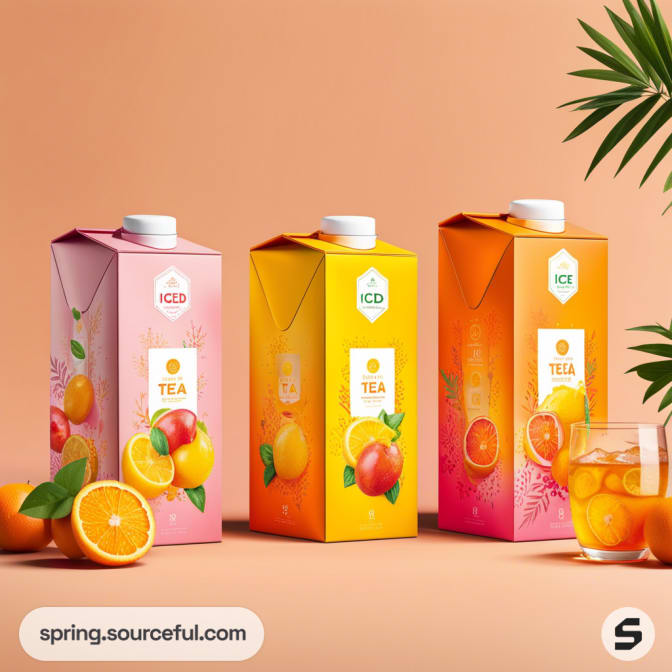 Three iced tea cartons with citrus designs on an orange backdrop.