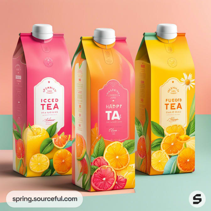 Three iced tea cartons with vibrant fruit designs on a pastel background.