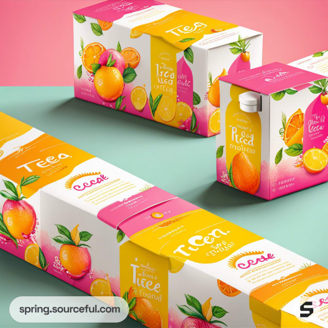 Assorted iced tea packaging with bright citrus fruit designs.