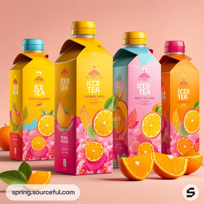 Four iced tea cartons with colorful fruit illustrations on peach background.