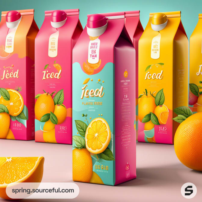 Multiple iced tea cartons with colorful citrus fruit designs.