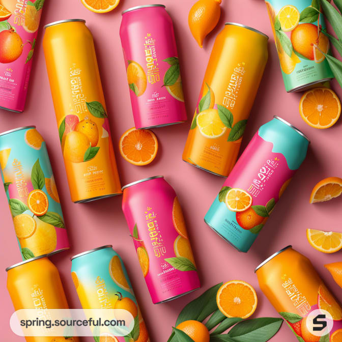 Colorful iced tea cans with fruit designs on a pink surface.