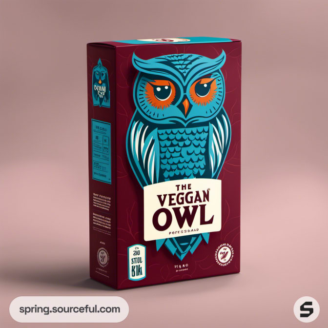 Colorful owl illustration on maroon cereal box packaging.