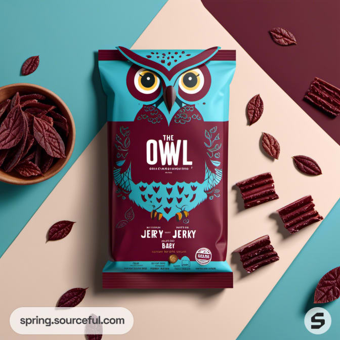 Owl-themed jerky packaging with maroon and teal design.