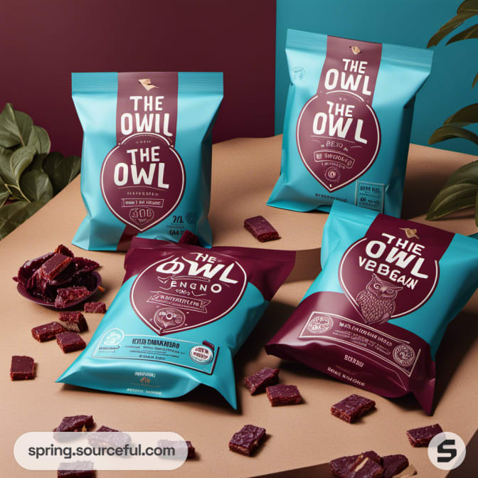 Teal and maroon owl-themed snack bags on a surface.