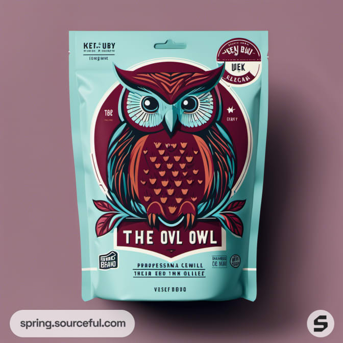 Teal resealable pouch with owl illustration on pink background.