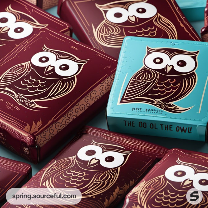 Multiple maroon and teal owl-themed chocolate packages.