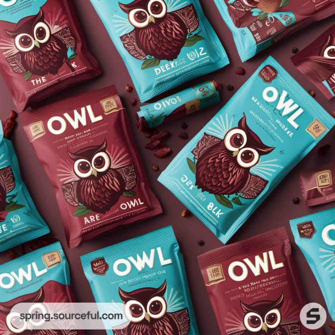 Owl-themed snack wrappers in maroon and teal colors.