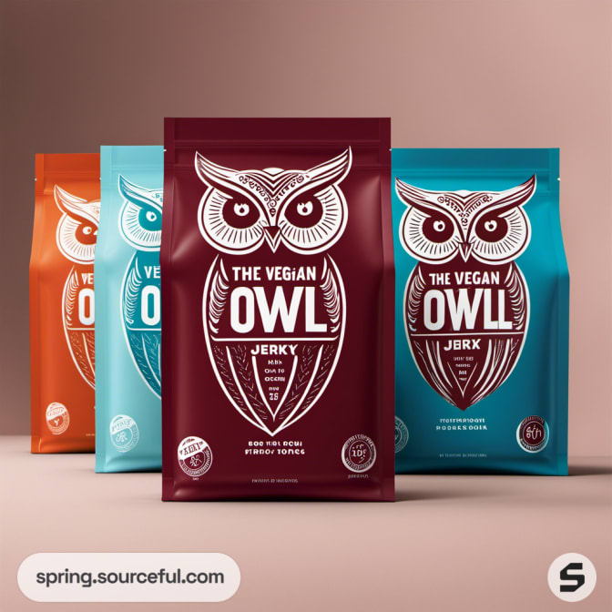 Vegan owl-themed jerky pouches in maroon and teal.