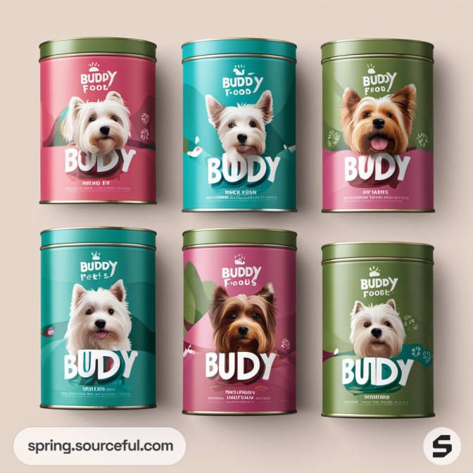 Colorful dog food tins with pet images on green and pink backgrounds.