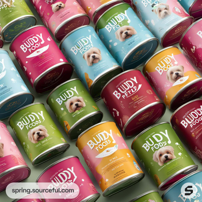 Multicolored dog food tins arranged diagonally with pet images.