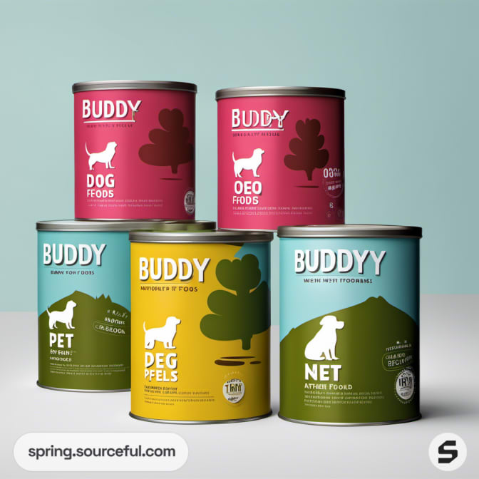 Stacked pet food tins in pink, green, yellow, and red shades.
