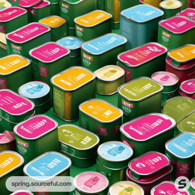 Variety of colorful pet food tins with vibrant lids.