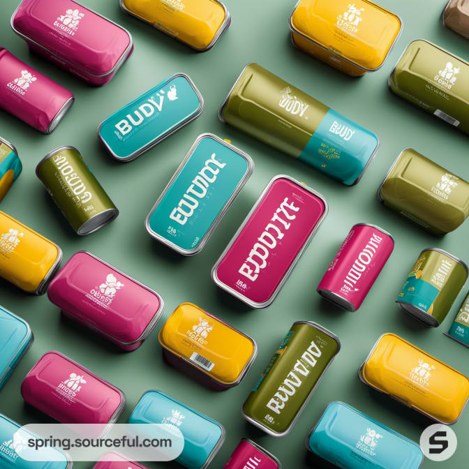 Assorted green, pink, and yellow pet food tins on green surface.