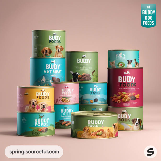 Stacked dog food cans with colorful designs and pet images.