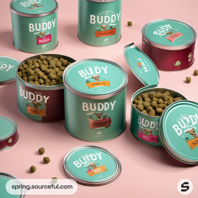 Opened dog food tins with kibble, featuring turquoise and maroon colors.