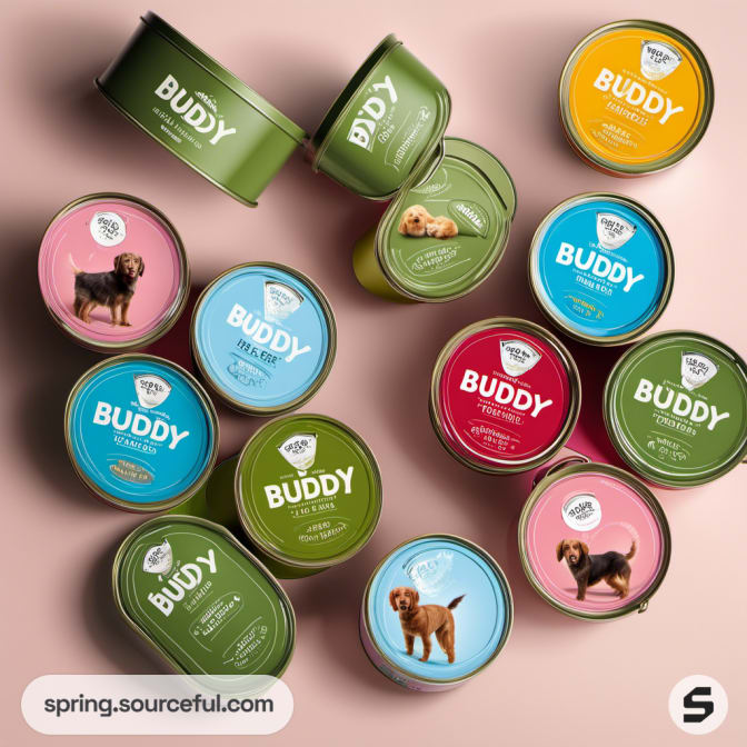 Pet food tins in various colors with playful dog images.