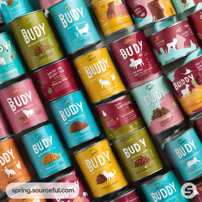 Patterned dog food tins featuring colorful designs and pet silhouettes.