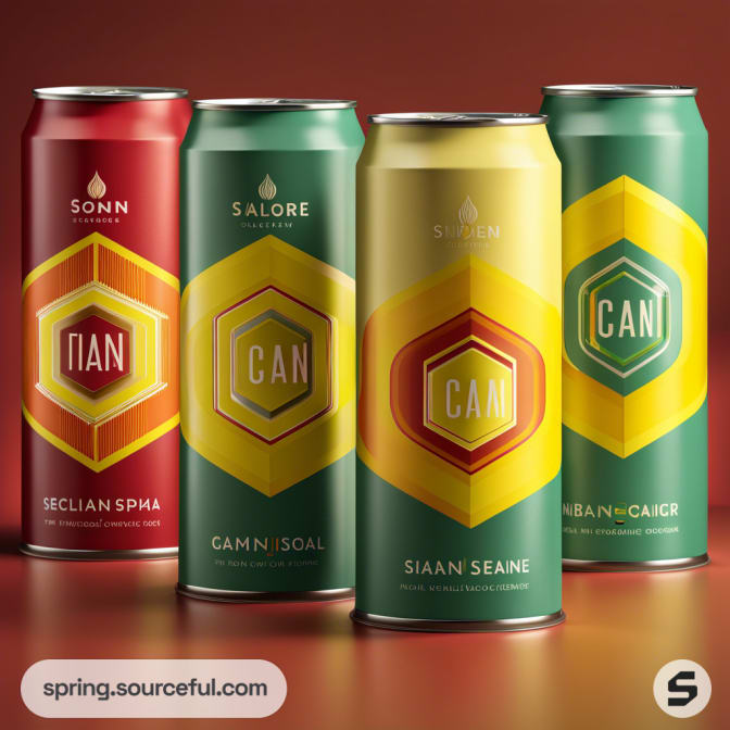 Tall cans with geometric patterns in yellow, red, and green on a red gradient background.
