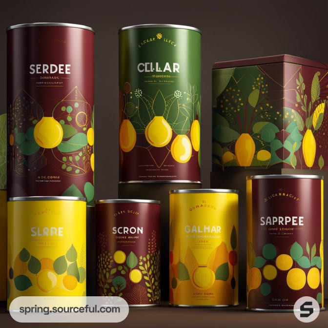 Assorted tins with fruit designs in red, yellow, and green with foliage motifs.
