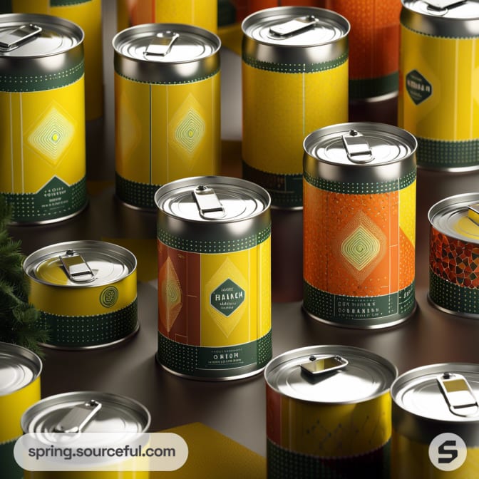 Various beverage cans with abstract designs in yellow, green, and orange.