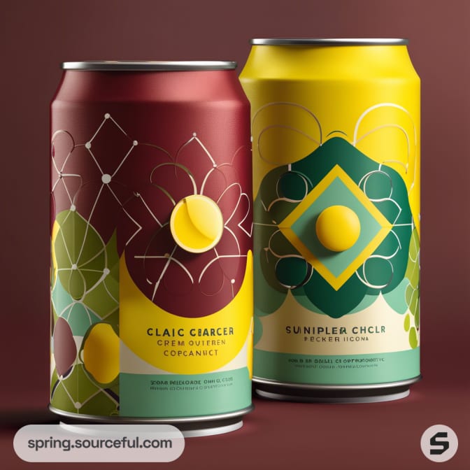 Two beverage cans with floral geometric motifs in yellow and maroon.