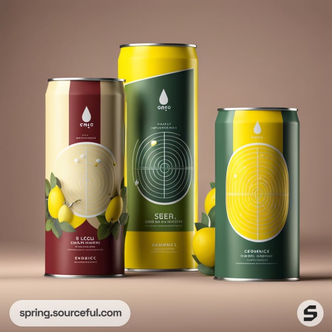 Three tall cans with lemon motifs in yellow, green, and beige on a neutral background.