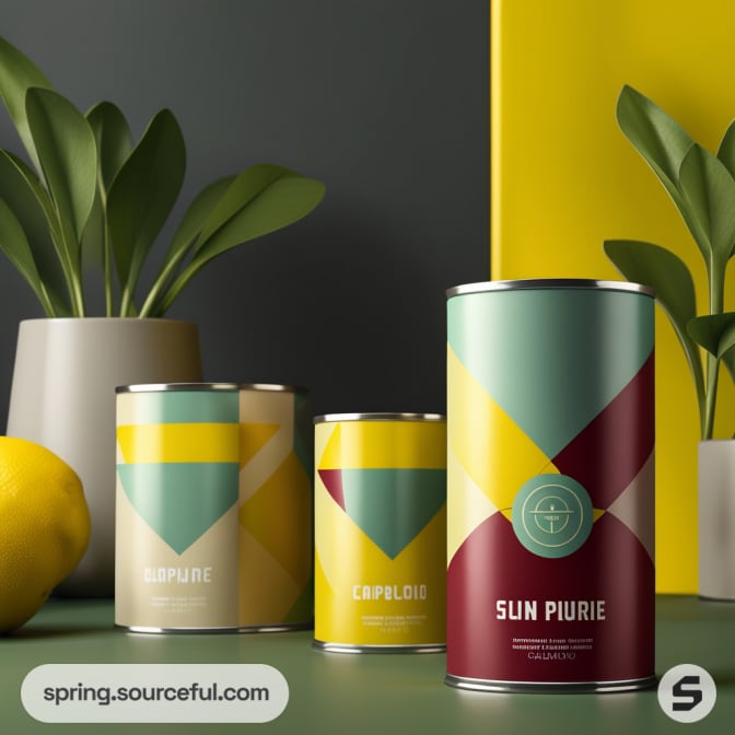 Cans with angular patterns in maroon, teal, and yellow beside plants.
