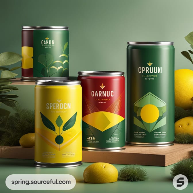 Cans with bold geometric designs in yellow, red, and green on a green backdrop.