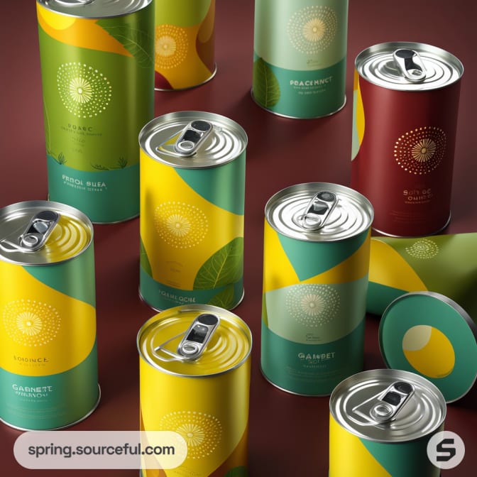 Multiple cans with circular patterns in yellow, green, and maroon.