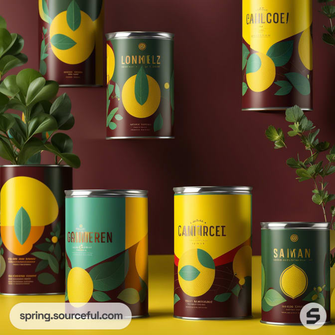 A collection of cans with leaf motifs in maroon and yellow, surrounded by plants.